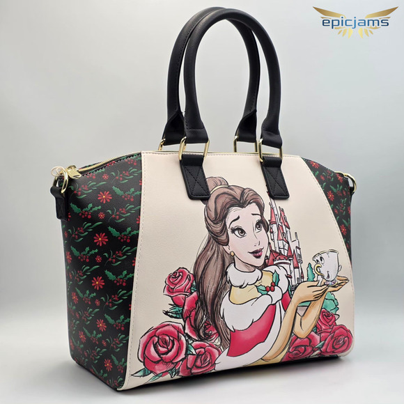 Loungefly Disney Beauty And The Beast Holiday Belle Floral Satchel Bag Purse New - Picture 2 of 8
